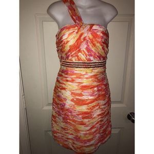 💕Morrell Maxie Bright Multi Beaded Grecian Drape Ruched One Shoulder Dress Sz10